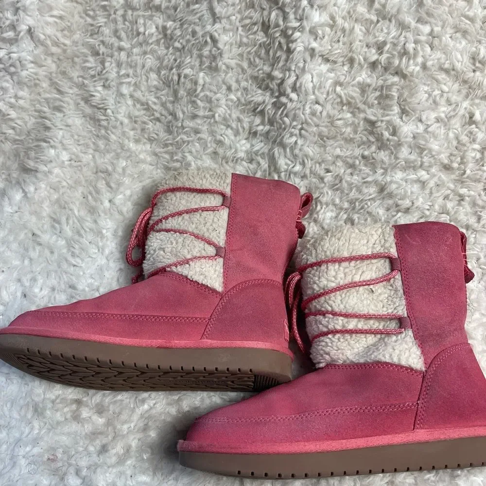 Kookaburra by UGG leather pink Girl winter boots beige fur lace up accent SZ3